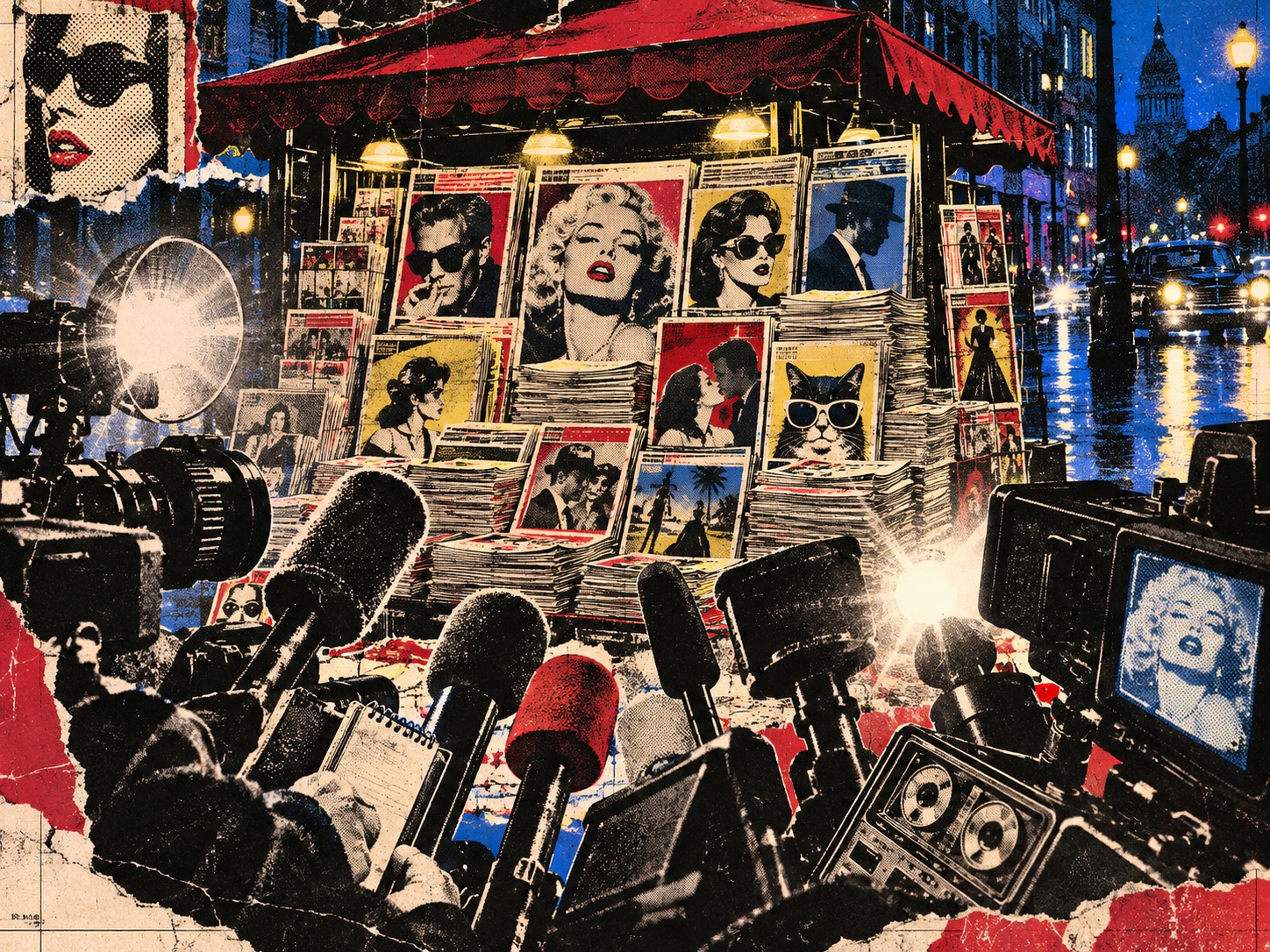 A surreal nighttime newsstand crowded by cameras and microphones
