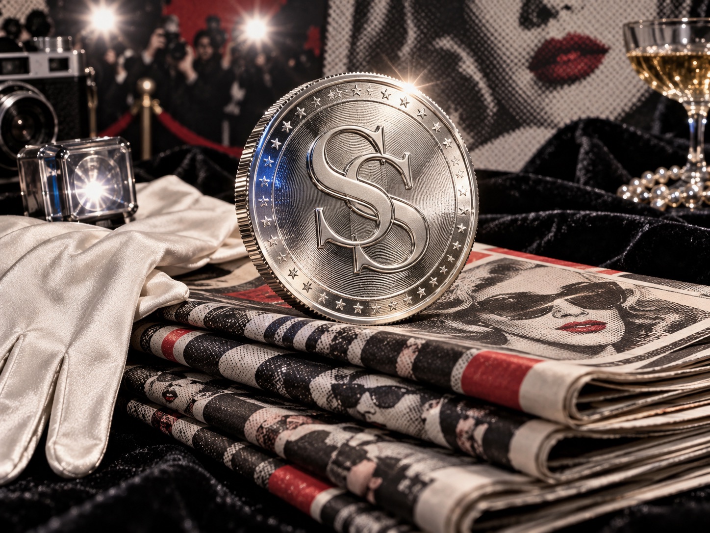 A silver double-S novelty coin staged on fictional celebrity tabloids